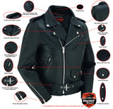 Women's plain-side fitted leather motorcycle jacket features detail