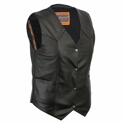Daniel Smart Mfg. women's classic plain-side leather motorcycle vest DS251 front angle view