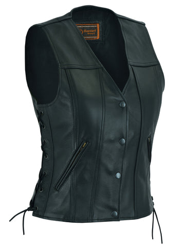 Daniel Smart Mfg. women's leather motorcycle vest DS205 front angle view