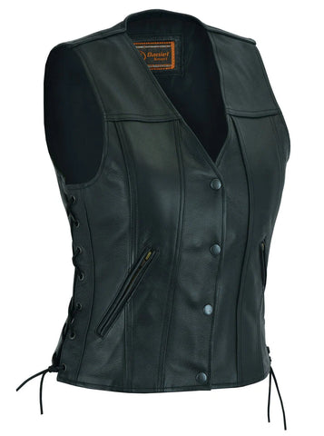 Women's single back panel leather biker vest DS205 front angle