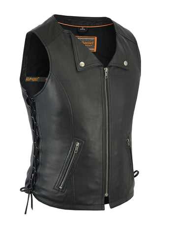 Daniel Smart Mfg. women's fashionable lightweight leather motorcycle vest front angle view