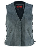 Women's gray leather biker vest DS205V front