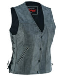 Women's gray leather biker vest DS205V front angle