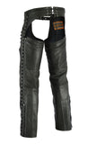 Daniel Smart Mfg. women's leather motorcycle chaps with grommets and lace DS485 back angle view
