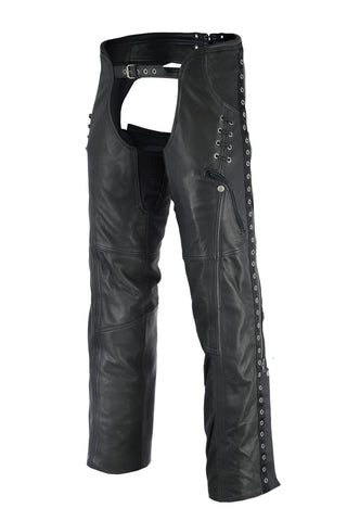 Daniel Smart Mfg. women's leather motorcycle chaps with grommets and lace DS485 front angle view