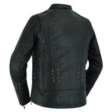 Women's leather motorcycle jacket with grommets and lace back angle