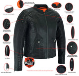 Women's leather motorcycle jacket with grommets and lace features detail