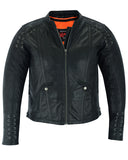 Daniel Smart Mfg. women's leather motorcycle jacket with grommets and lace DS885 front unzipped view