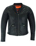 Women's leather motorcycle jacket with grommets and lace front unzipped