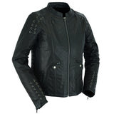 Daniel Smart Mfg. women's leather motorcycle jacket with grommets and lace DS885 front angle view