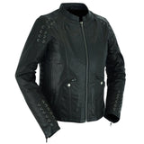 Women's leather motorcycle jacket with grommets and lace front angle