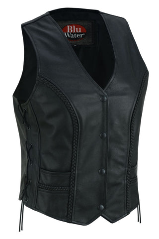 Women's leather biker vest with braided detail front angle