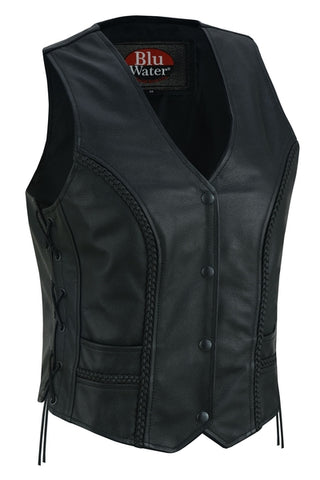 Daniel Smart Mfg. women's leather motorcycle vest with braided design front angle view