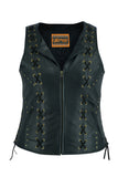 Daniel Smart Mfg. women's leather motorcycle vest with lace detailing DS233 front view