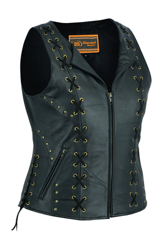 Daniel Smart Mfg. women's leather motorcycle vest with lace detailing DS233 front angle view
