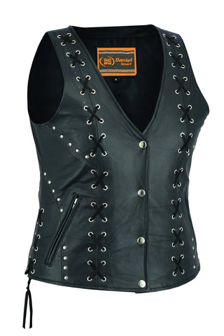 Daniel Smart Mfg. women's leather motorcycle vest with lacing details DS234 front angle view