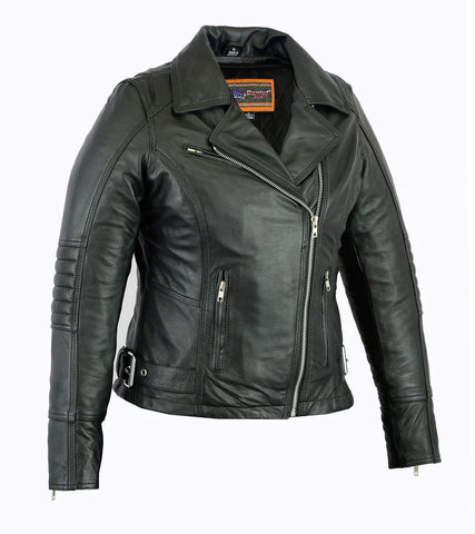 Women's lightweight belted leather motorcycle jacket front angle