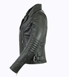 Women's lightweight belted leather motorcycle jacket side