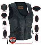 Women's lightweight leather biker vest with rivets features detail