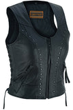 Daniel Smart Mfg. women's lightweight leather motorcycle vest with rivets DS241 front angle view