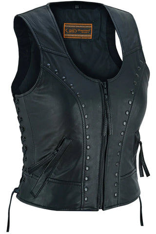 Women's lightweight leather biker vest with rivets front angle