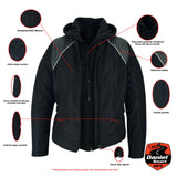 Women's versatile mesh motorcycle jacket with removable hoodie features detail