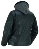 Women's rub-off leather motorcycle jacket with hood back angle