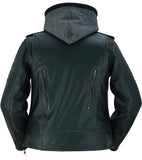 Women's rub-off leather motorcycle jacket with hood back