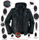 Women's rub-off leather motorcycle jacket with hood features detail