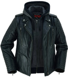 Women's rub-off leather motorcycle jacket with hood front unzipped