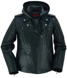 Women's rub-off leather motorcycle jacket with hood front