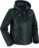 Women's rub-off leather motorcycle jacket with hood front angle