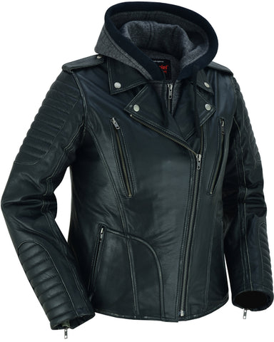 Daniel Smart Mfg. women's leather motorcycle jacket with rub-off finish front angle view