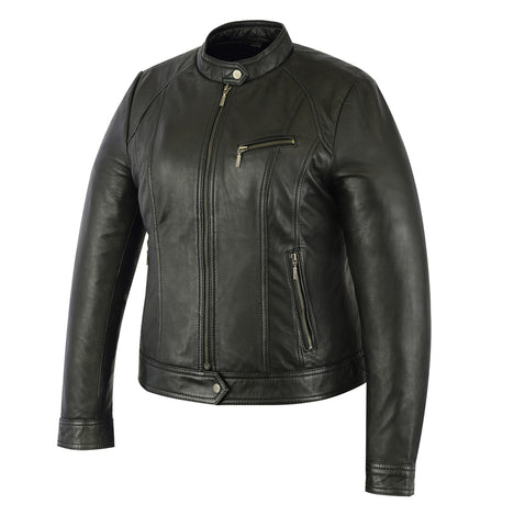 Daniel Smart Mfg. stylish women's leather motorcycle jacket front angle view