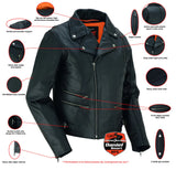 Women's stylish leather motorcycle jacket features detail