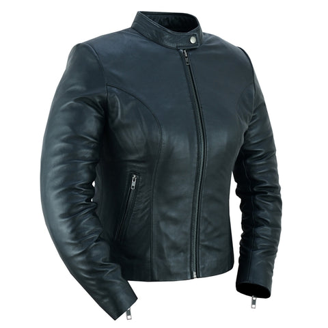 Daniel Smart Mfg. women's stylish lightweight leather motorcycle jacket DS843 front angle view