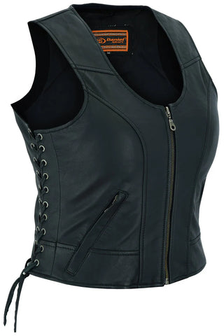 Women's lightweight leather biker vest front angle