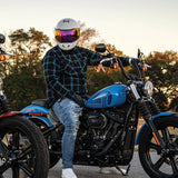 Harley rider wearing Daytona Helmets Detour helmet with rainbow shield