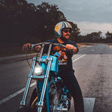 Rider wearing Daytona Helmets Cruiser motorcycle helmet with lightning design