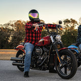 Harley Street Bob rider wearing Daytona helmet with Rainbow finish replacement shield