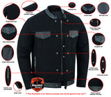 Men's denim motorcycle shirt/jacket with leather trim features