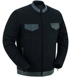 Men's denim motorcycle shirt/jacket with leather trim front angle