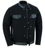 Men's denim motorcycle shirt/jacket with leather trim front angle unbuttoned