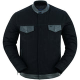 Men's denim motorcycle shirt/jacket with leather trim front view