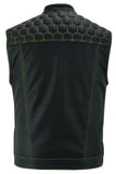 Black leather motorcycle vest with yellow stitching and yellow paisley liner back