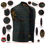 Black leather motorcycle vest with yellow stitching and yellow paisley liner features detail