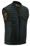 Black leather motorcycle vest with yellow stitching and yellow paisley liner front angle