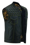 Black leather motorcycle vest with yellow stitching and yellow paisley liner unbuttoned