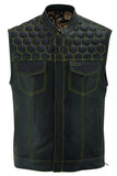 Black leather motorcycle vest with yellow stitching and yellow paisley liner front