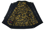 Black leather motorcycle vest with yellow stitching and yellow paisley liner